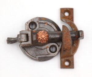 Window Hardware - Antique Cast Iron Window Lock with Copper Plated Brass Button