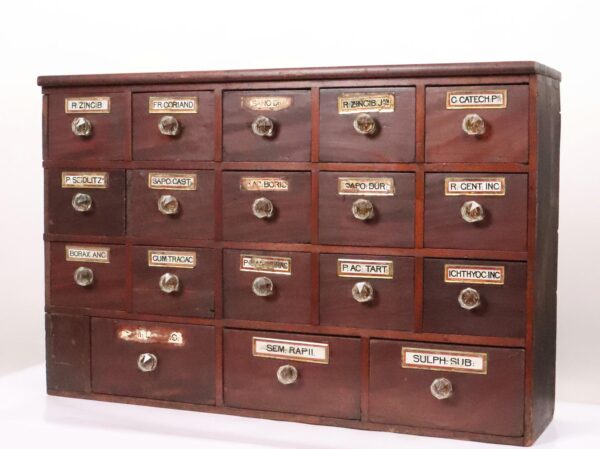 Close-up of drawer labels showing diverse chemical names in ornate script. Angled side view highlighting dovetail joints and grain patterns on the drawers. Open drawers revealing interior storage capacity and smooth sliding mechanism. Top-down view displaying all 18 drawer pulls in symmetric rows. Detailed shot of cabinet feet and lower molding with rich varnish finish.