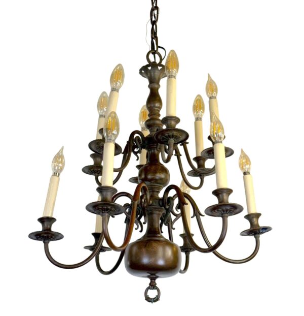 Chandeliers - Antique Dutch Colonial Bronze Twelve Arm Chandelier