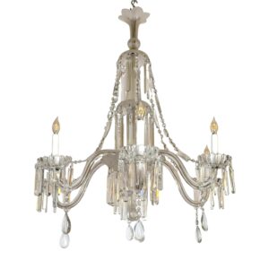 A clear crystal and glass chandelier with six arms and hanging crystal drops.