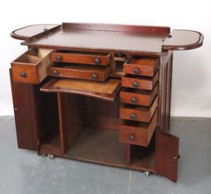 Front view with all drawers and compartments open, showing interior storage layout and both side doors fully extended. Side angle displaying one door open, highlighting deep compartment and unique drawer handles on the cabinet’s edge. Close-up of the cabinet’s wheels and lower drawers, emphasizing sturdy construction and smooth-rolling casters. Overhead shot focusing on the top panel surface texture, with two upper drawers partially open for detail. Rear view of cabinet with doors closed, revealing the back panel design and handle attachment details.