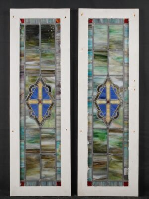 Stained Glass - Pair of Antique Leaded Religious Stained Glass Windows