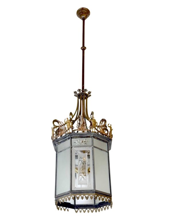 Wall & Ceiling Lanterns - Antique Neoclassical Bronze & Etched Glass Ceiling Lantern