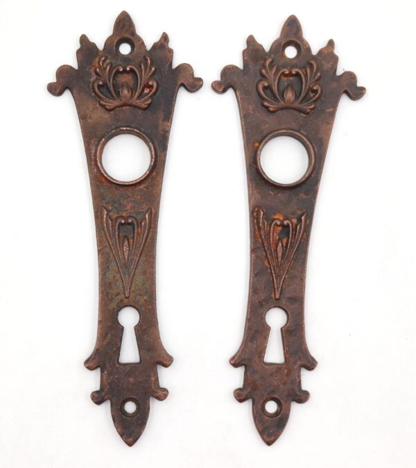 Pair of cast iron door back plates with an Arts and Crafts design, shown as a matching pair with keyhole openings and decorative cutouts.