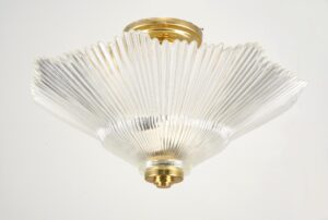 Flush & Semi Flush Mounts - Vintage Art Deco Ribbed Glass Brass Semi Flush Mount Light