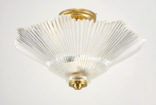 Flush & Semi Flush Mounts - Vintage Art Deco Ribbed Glass Brass Semi Flush Mount Light