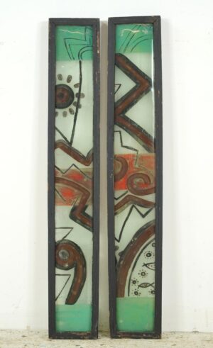 Reclaimed Windows - Pair of Wood Framed Painted Folk Art Glass Windows
