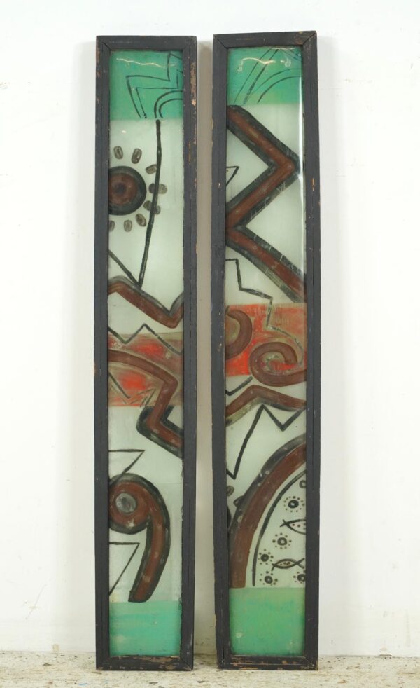 Reclaimed Windows - Pair of Wood Framed Painted Folk Art Glass Windows