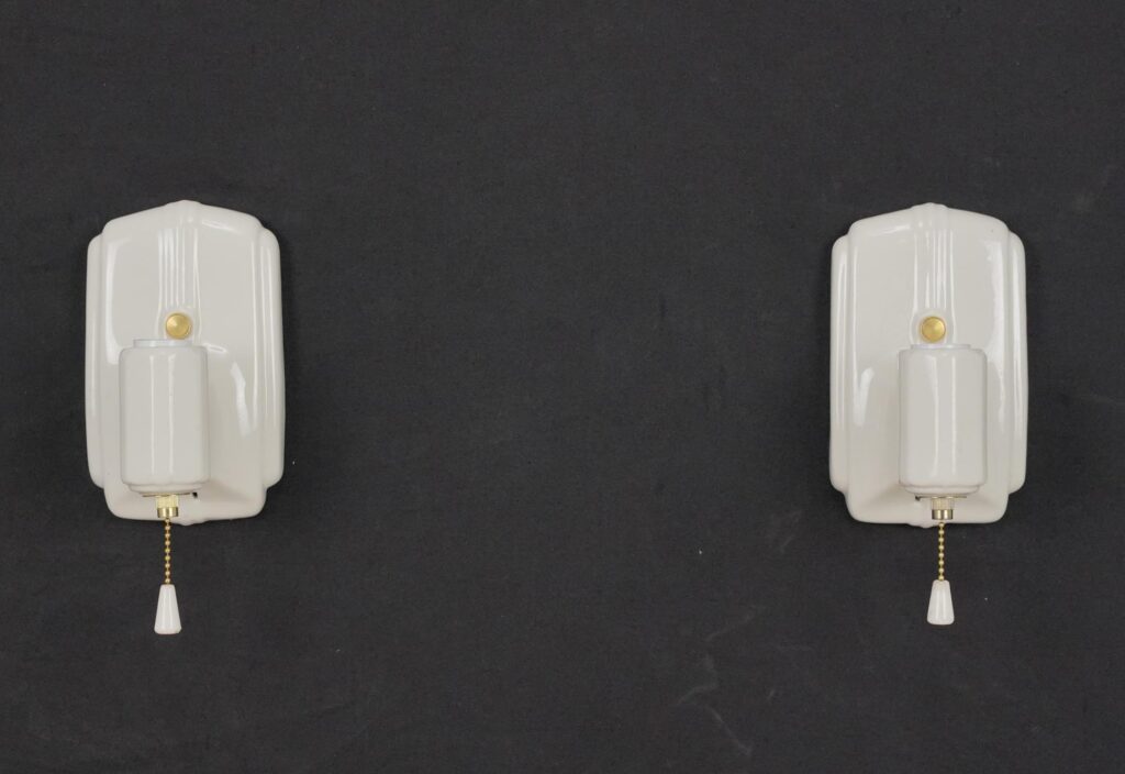 Pair of Restored Art Deco White Porcelain Wall Sconces | Olde Good Things