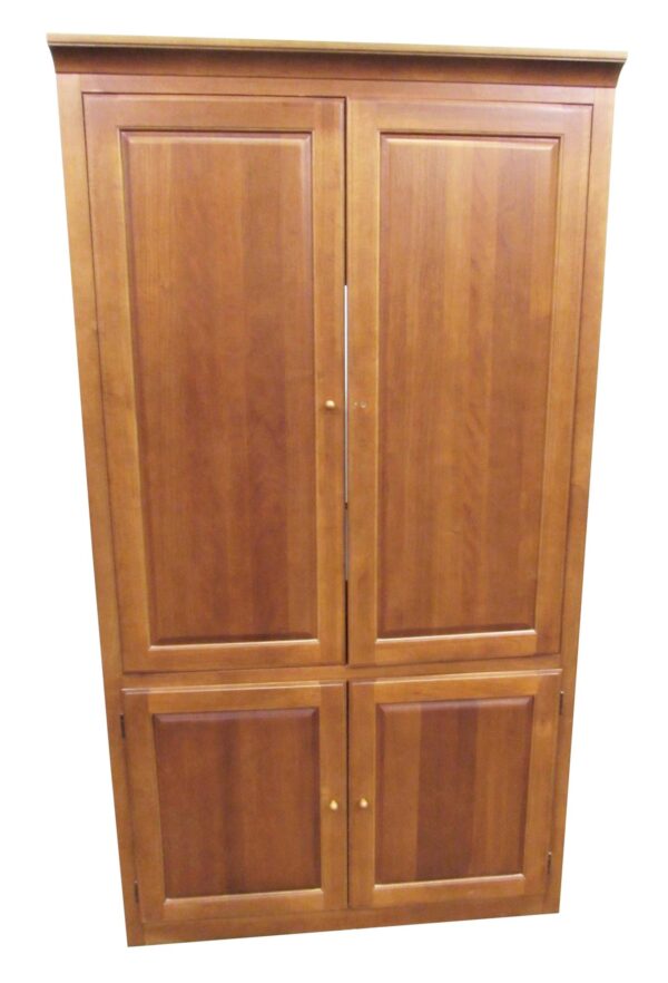 Contemporary wood media armoire cabinet with two double-door sections and paneled fronts.