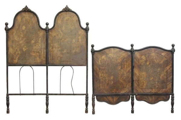 Victorian twin bed frame set with a cast iron and steel headboard and footboard, featuring French curve tops, decorative crests, and medium wood tone laminate panels.
