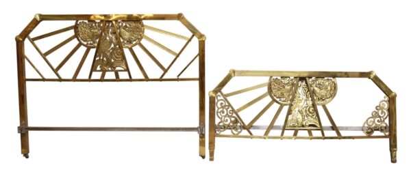 Art Deco brass headboard and footboard set with a peacock and sunburst motif, shown side by side with the hardware and sideboards missing.