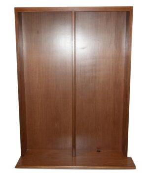 Pair of dark wood tone built-in bookcases shown front on with two tall compartments and a wide base.