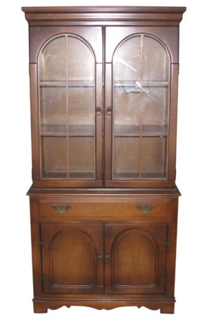 Traditional walnut storage hutch with glass upper doors, a center drawer, and solid lower cabinet doors.