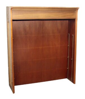 Commercial wooden cabinet hutch shown open from the front, with shelf mounting hardware attached along both sides and a medium wood tone finish.