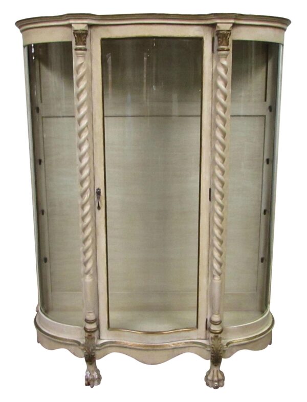 French-style curio cabinet with three curved glass panels, twisted front columns, and claw feet, shown from the front.