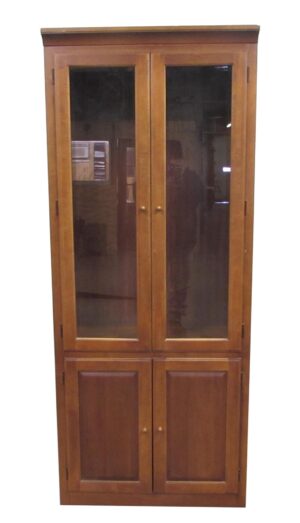 Modern wood storage cabinet with glass upper doors and solid lower doors.