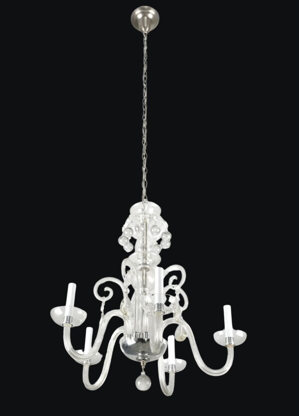 Traditional clear crystal five-arm chandelier with a brushed steel chain and frame, shown with curved arms and candle-style bulb holders.