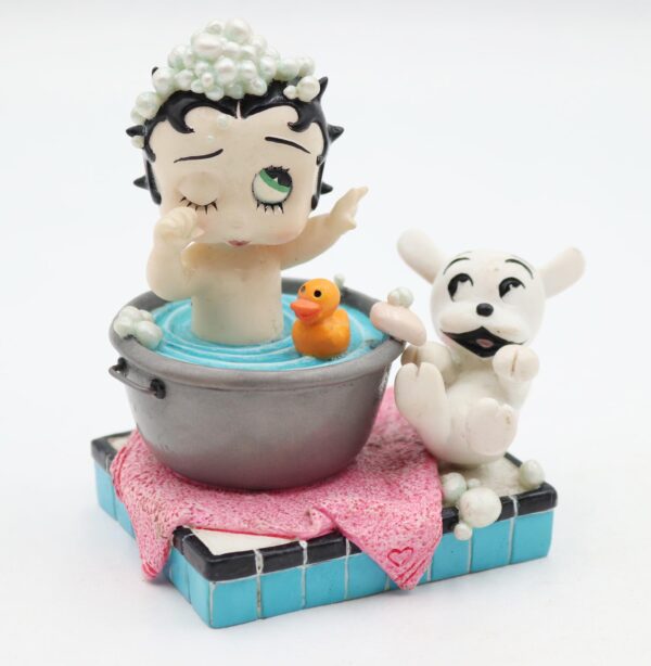 Hand-painted resin collector figurine of baby Betty Boop in a tub, with bubbles on her head, an orange duck, and Pudgy the dog beside her.