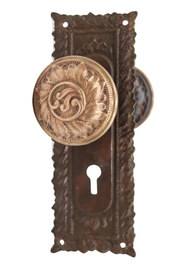Victorian passage door knob set with an ornate back plate, a brass front knob, and visible keyhole cutout.