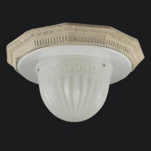 Neoclassical flush mount fixture with a molded plaster fitter base, white reflection dish, and fluted milk glass bowl shown from below.