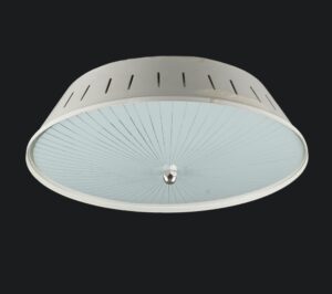 1950s flush mount dish light with a pin-striped glass diffuser and slotted metal rim, shown from below.