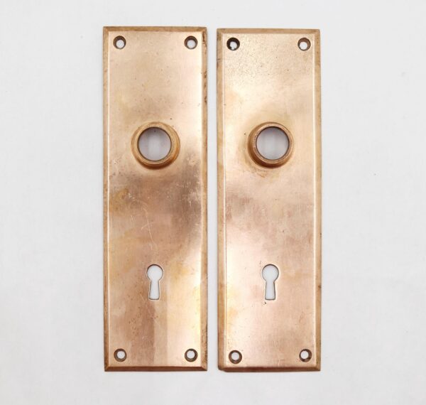 Pair of brass door back plates with keyhole cutouts and round cylinder holes, shown side by side in a vertical orientation with visible surface wear.