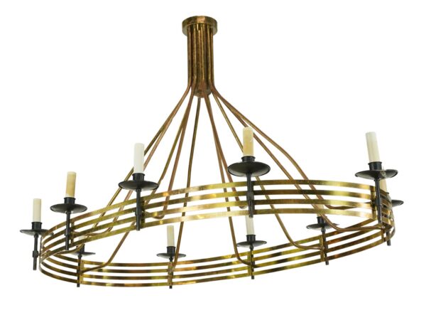 Mid-century oval chandelier with a copper-plated brass banded frame and matte black candlestick sockets.