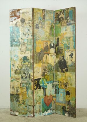 Vintage three-panel wood room divider with a collage of New Yorker magazine covers on the front and visible surface wear at the bottom.