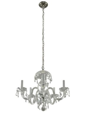 Traditional clear crystal five-arm chandelier with polished nickel hardware and a hanging steel chain.