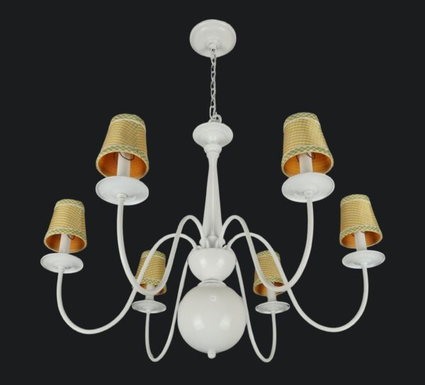 Cottage-style six-arm chandelier with a white steel frame and yellow and green checkered fabric shades.