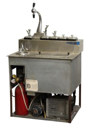 Vintage ice cream and soda fountain machine with a draft arm, five labeled lids, and a CO2 tank visible underneath.
