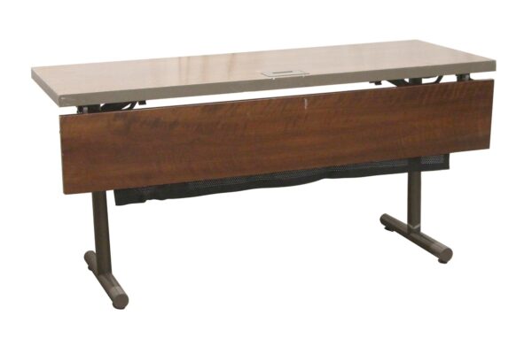 Flip-top conference table with a dark wood-tone top, steel base, and a centered connectivity box cover.
