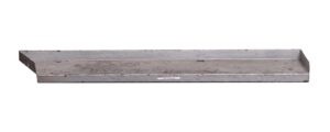 Slanted metal shelf piece with raised side and back lips, shown in a long angled view with a small label attached on the front edge.