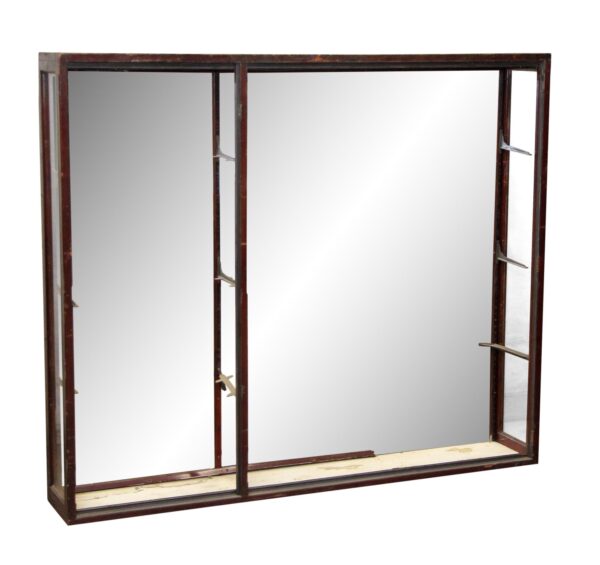 Narrow wood tabletop display showcase with a mirrored back, shown with open frame and built-in shelf supports, but no shelves included.
