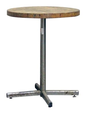 Round bistro table with a medium wood tone top and chrome plated cross base, shown with leveling feet and a visible sticker on the column.
