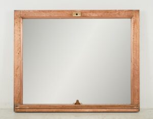 Wall mirror made from a copper-clad window frame with a rectangular shape and polished finish, shown with a wide frame and hanging hardware visible at the top and bottom.