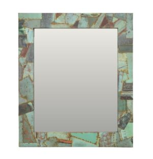 Framed wall mirror with a patchwork border and a rectangular mirror insert.