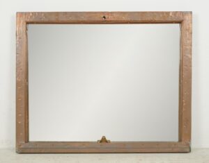 Copper window frame mirror with a rectangular frame and a small mounting bracket visible at the bottom.