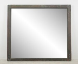 Rectangular mirror in an antique brass window frame with a simple wide border and plain reflective center.