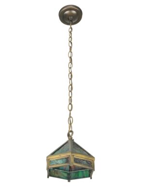 Arts and Crafts hexagonal pendant light with marbled green slag glass panels, brass framing, and a hanging chain.