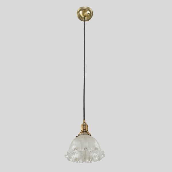 Industrial pendant light with a black cord, antique brass fitter, and clear Holophane style glass shade.