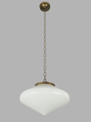 Art Deco pendant light with a white milk glass globe and antique brass chain.