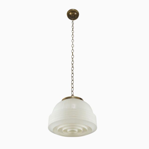 Art Deco pendant light with a frosted glass globe and antique brass chain.