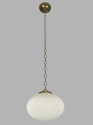 Mid-century pendant light with a white textured glass globe and antique brass chain fitter.