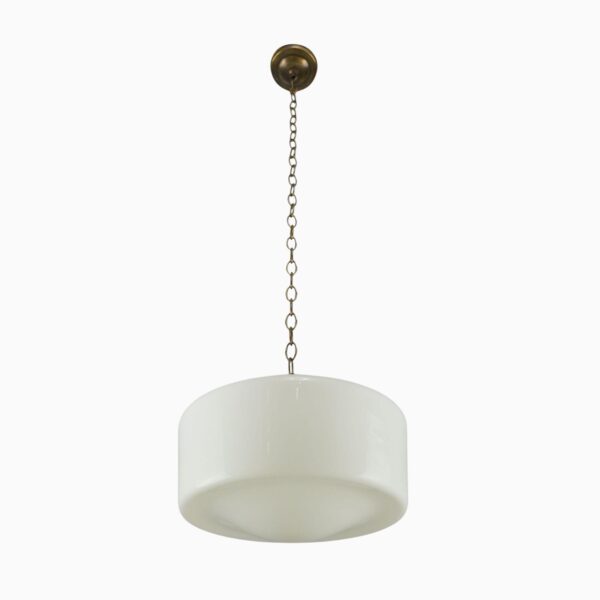 Mid century pendant light with a white milk glass globe and antique brass chain fitter.