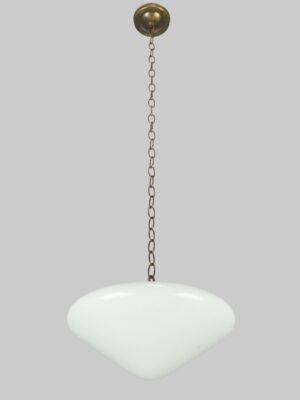 Pendant light with a white milk glass saucer shade and an antique brass chain fitter.