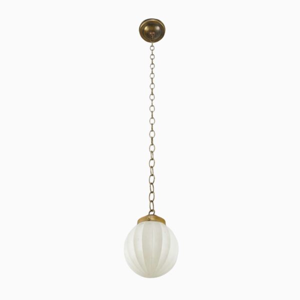 Art Deco pendant light with a ribbed white milk glass globe and antique brass chain fitter.