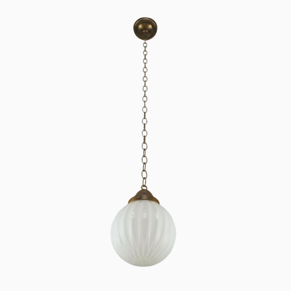 Art Deco pendant light with a ribbed milk glass globe and antique brass chain fitter.