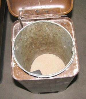 Open wooden trash bin with a removable metal bucket and a hinged lid, shown from above with the bucket inserted.